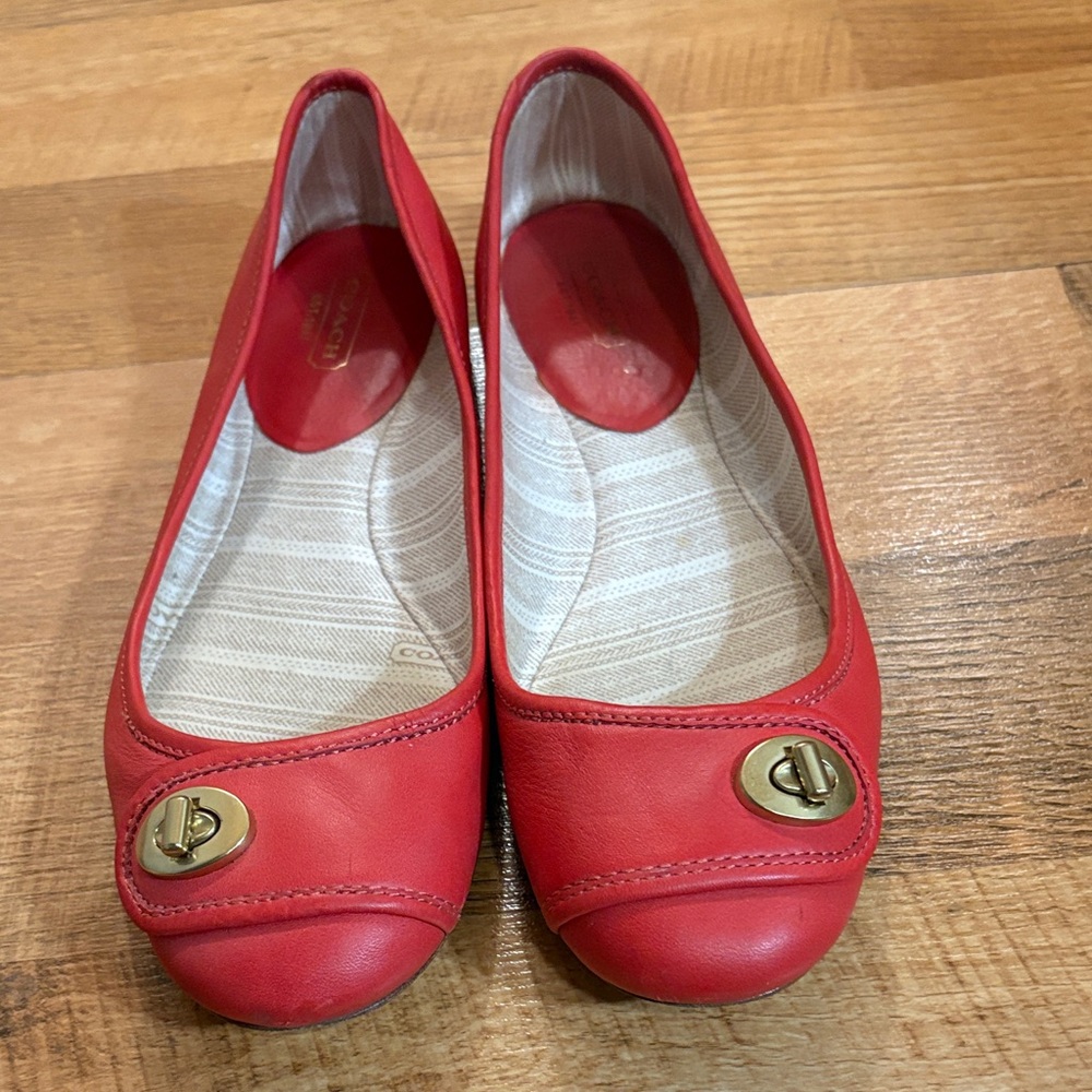 Coach Red Leather Flats with Gold Buckle